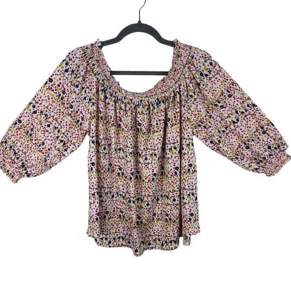 MELLODAY Colorful Off Shoulder Balloon Sleeve Stretchy Lightweight Blouse Size L - Picture 1 of 7